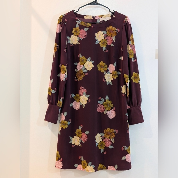 LOFT Floral Shift Dress Size 10 Burgundy Long Sleeve Feminine Cottagecore Chic - Picture 3 of 8